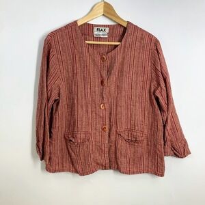 FLAX Women's Striped Button Front Lightweight Jacket Cardigan Top Small Red Gold
